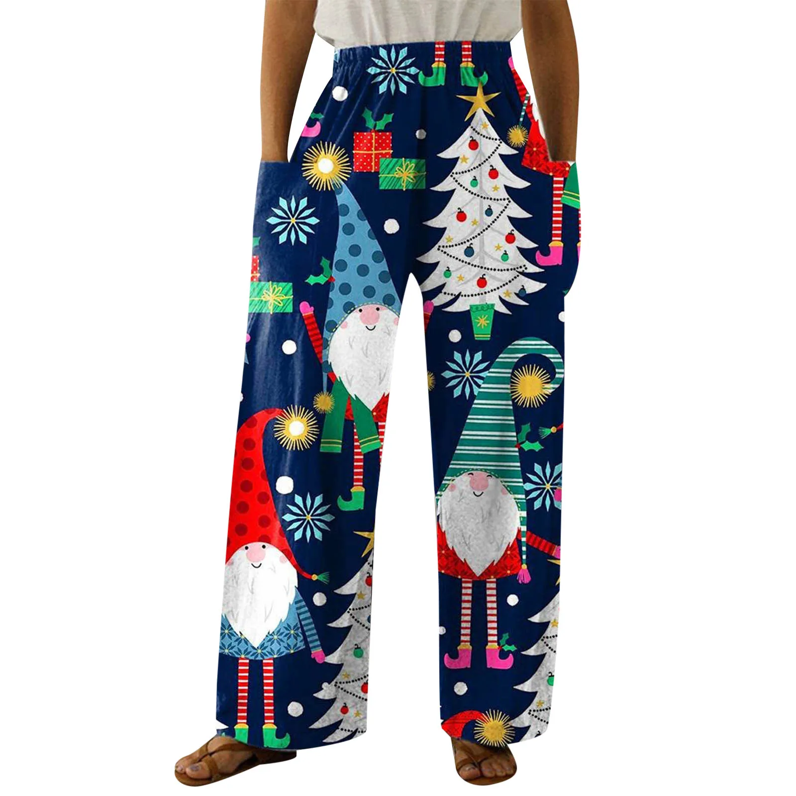 Christmas Women Wide Leg Pants High Wiast Gym Leggings Ladies Xmas Cartoon Trousers Elastic Waist Solid Pocket Pantalones