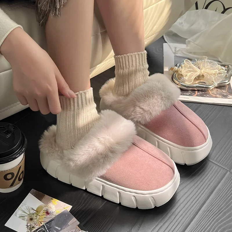 New Women Indoor Fluffy Slippers Thick Sole Winter Warm Shoes For Couples Soft Fur Keep Warm Female Male House Floor Slipper