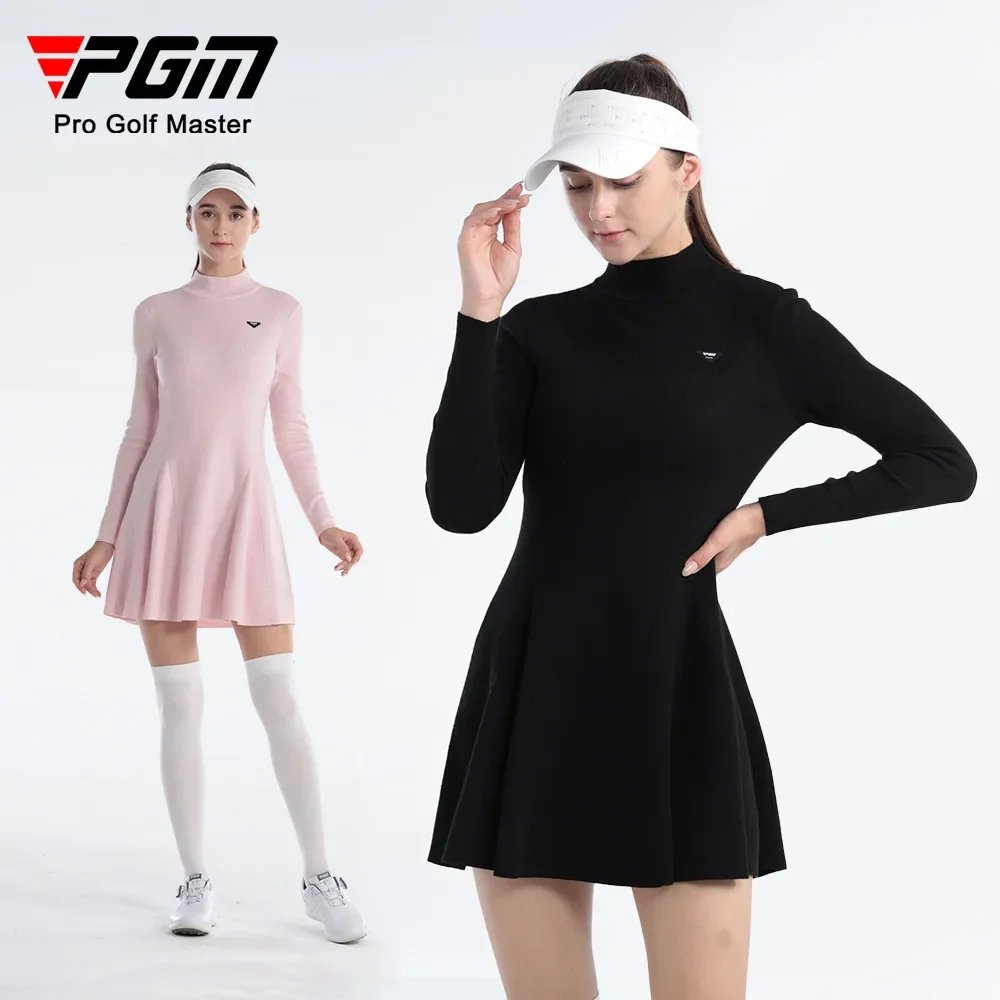 Pgm Women Woollen Sweater Dress Fitness Warm Lady Tennis Golf Dresses Knitted Slim Sportswear Long Sleeve Golf Leisure Sweater