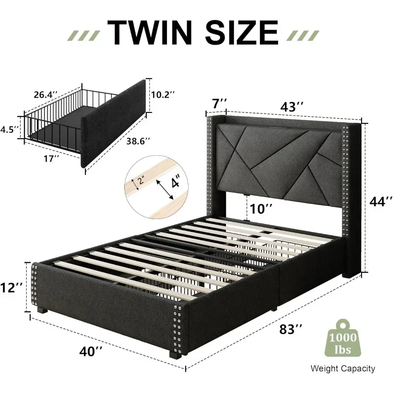 Storage Bed Frame Twin Size with 4 Drawers, Platform Bed with Charging Station Wingback Headboard, Solid Wood Slats Support