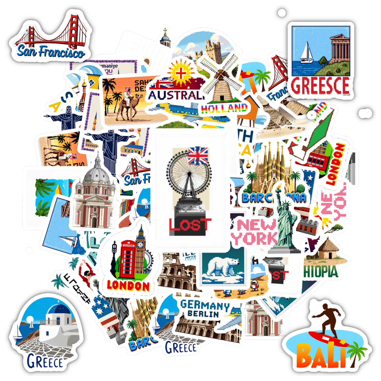 35pcs Iconic World Travel Stickers Colorful Global Cities Travel Stickers Landmark Decals For Guitar Laptop Helmet Skateboard