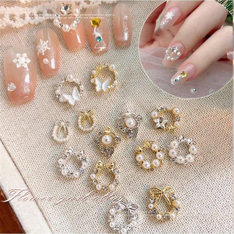 Sparkle Pearl Bowknot Butterfly Star Rhinestones Wreath Gold Silver Metal Alloy Jewelry Nail Art Decoration Manicure Accessories