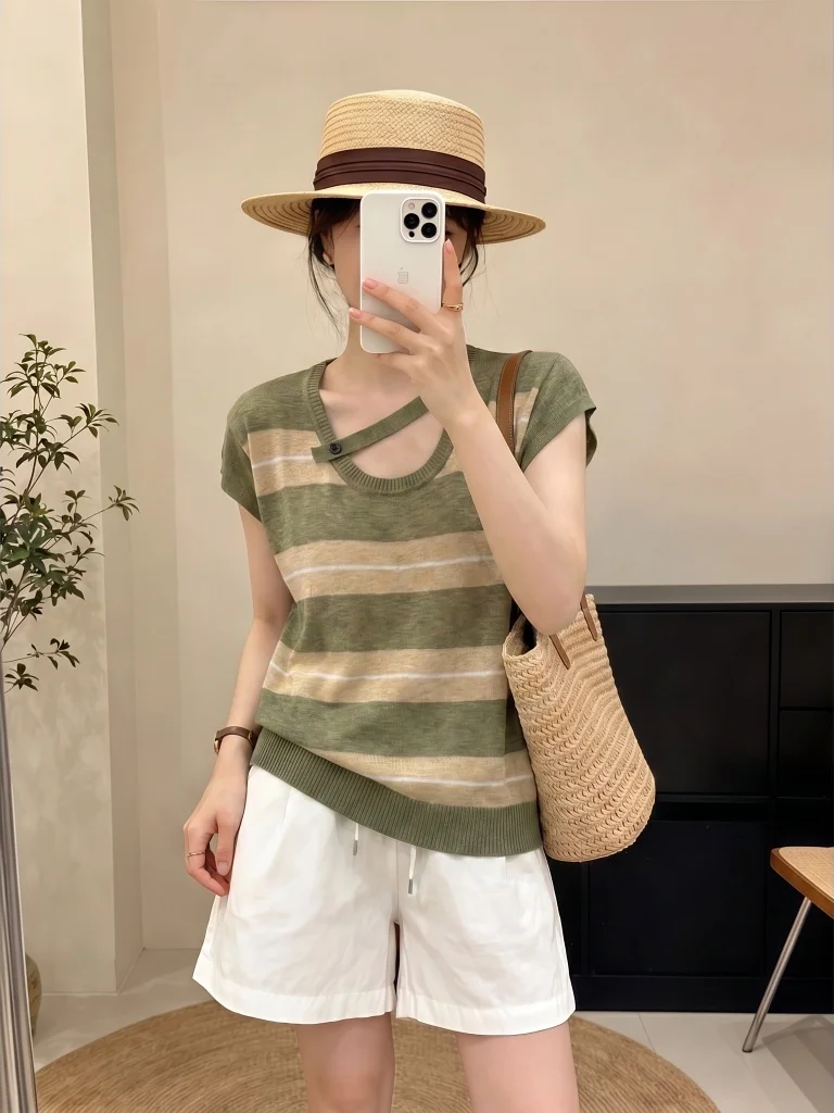 Slimming Striped Coffee Short Sleeve T-Shirt Women's Shoulder Width Regular Summer New Style Large Size Commute Top