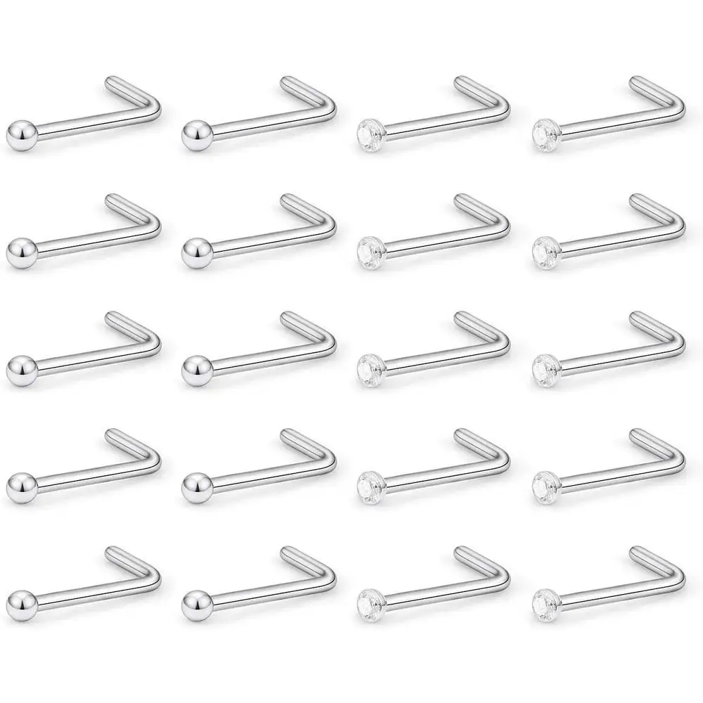 1/20Pcs Set Surgical Steel Clear Diamond CZ Micro Nose Stud Nostril Lip Ring L-Shaped Pin for Women Men Body Piercing Jewelry