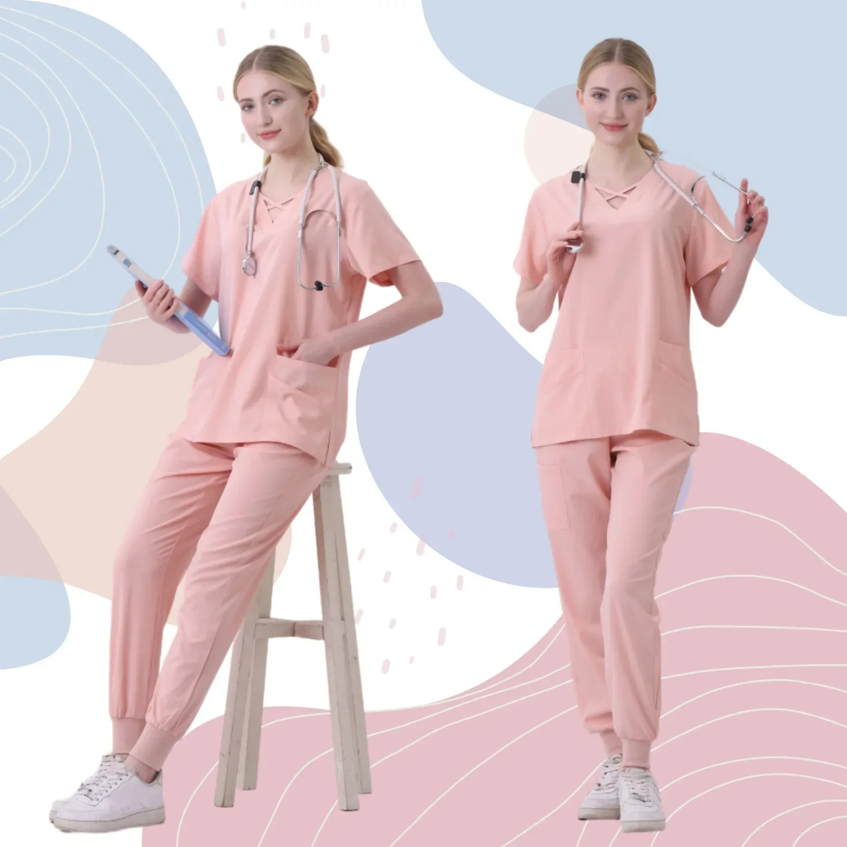 Hospital Doctor Nursing Uniform Women Wholesale Casual Short Sleeved V-Neck Jogger Suits Nurse Phary Working Medical Uniforms