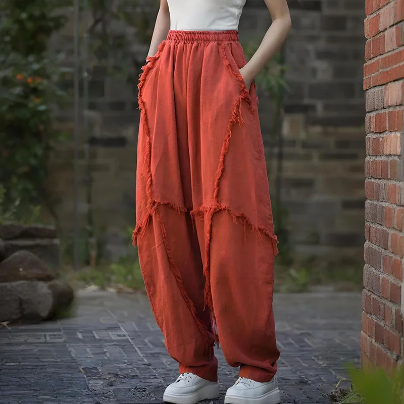 2025 New Women's Vintage Patchwork Frayed Hem Loose Harem Pants Distressed Style casual pants