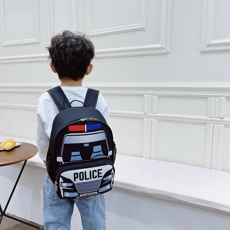 Mochilas escolares para niños y niñas, Mochila pequeña de coche de policía, moda coreana, mochila de aperitivos para jardín de infantes