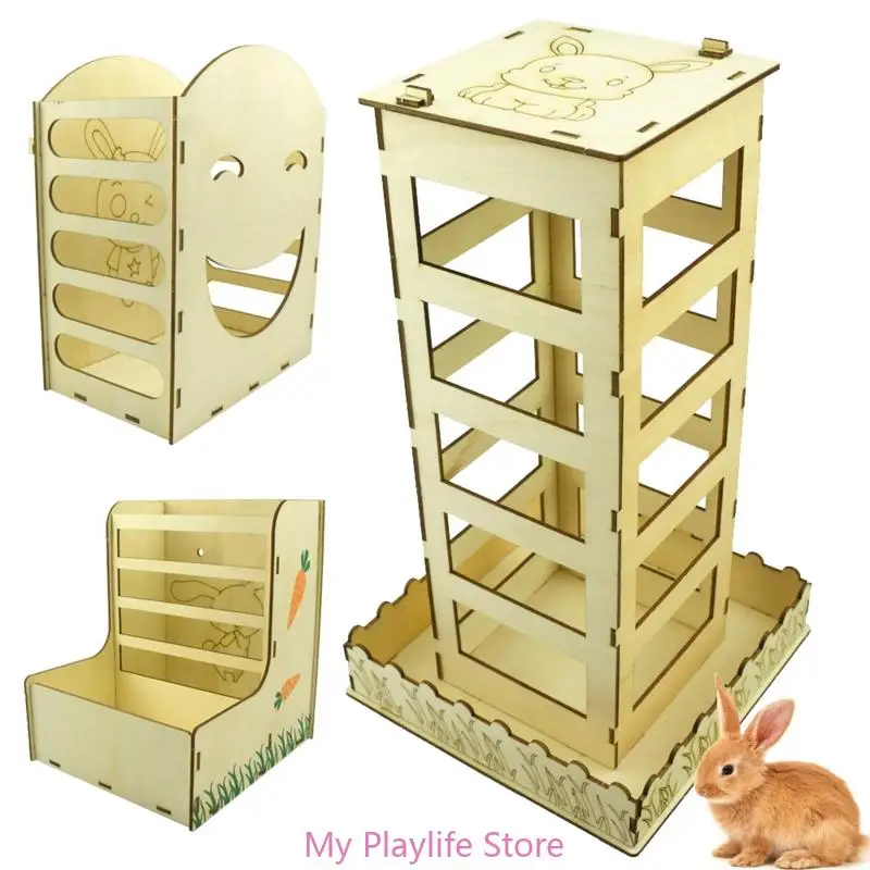 Rabbit Feeder Bunny Hay Rack Manger Wooden Feeding Bowls for Chinchilla Cage Easy to Clean Multi Sizes