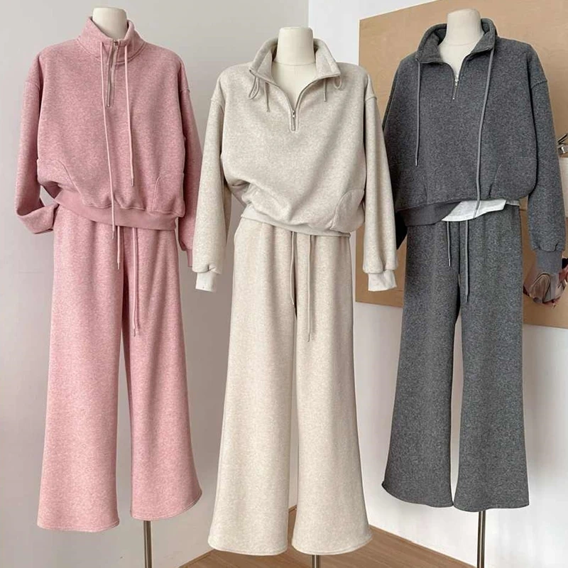 

Korean Style Women's Sweatshirt Jacket And Pants Set Casual Loose Waist Straight Leg Pants Two-Piece Set Long Sleeve Zipper