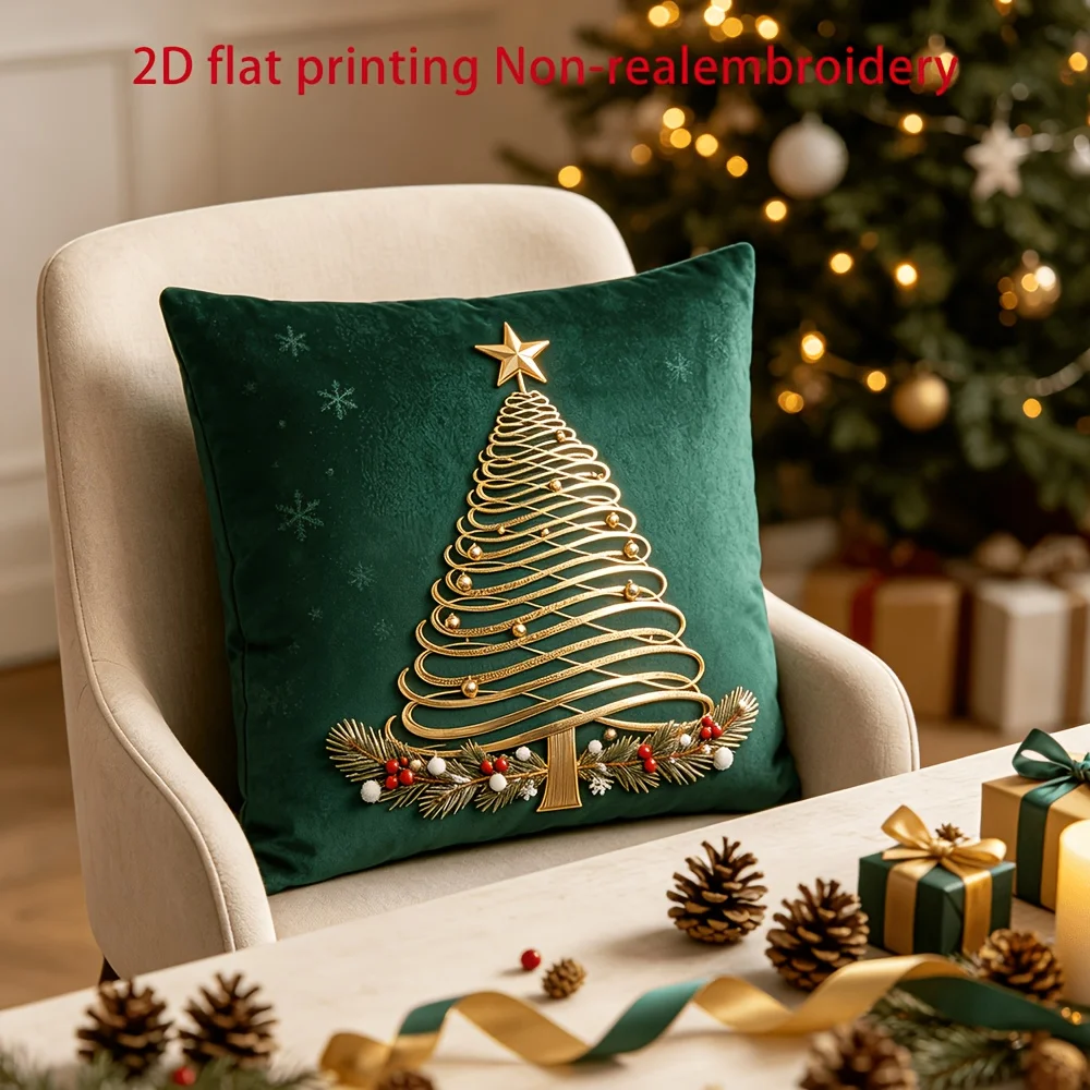 2/1 Piece Farmhouse Style Christmas Tree and Snowflake Pillow Cover - 2D Flat Print Single-Sided Dark Green Zippered Cushion Cover, Modern Christmas Sofa Decoration, Winter Holiday Home Decor, Dry Clean Only Pillow Cover (Pillow Insert Not Included)