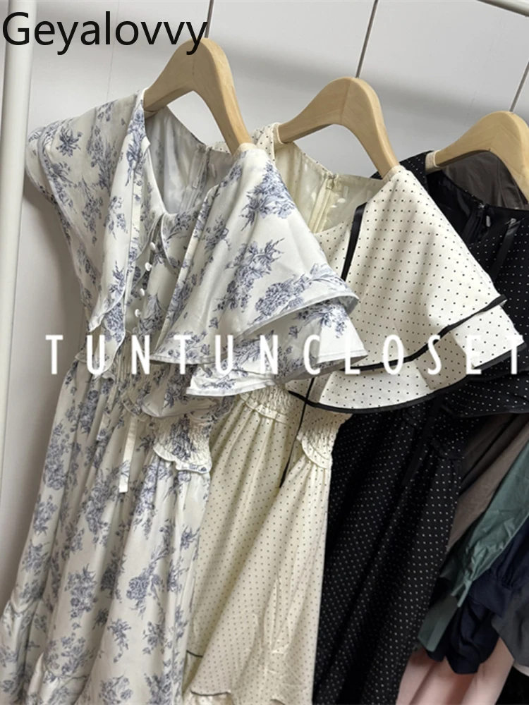 Japonês doce dupla camada lapela estilo capa vestido de renda verão novo de cintura alta magro-ajuste impresso polka-dot vestidos longos