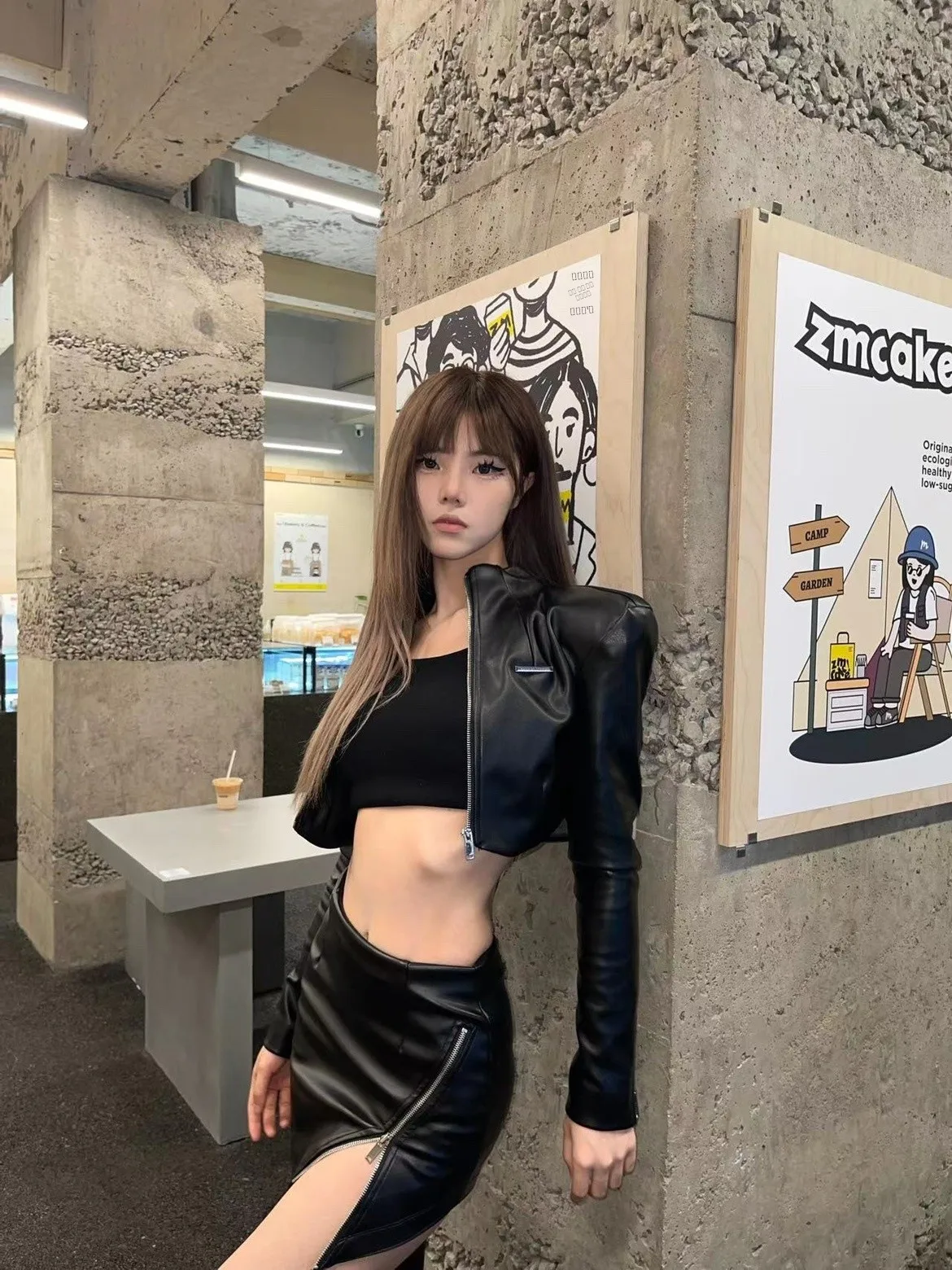 

Sexy Bla Agent Leather Jaet And Pants Set Original Tept Two-Piece Suit Casual Sle for Young Women PU Leather Coat