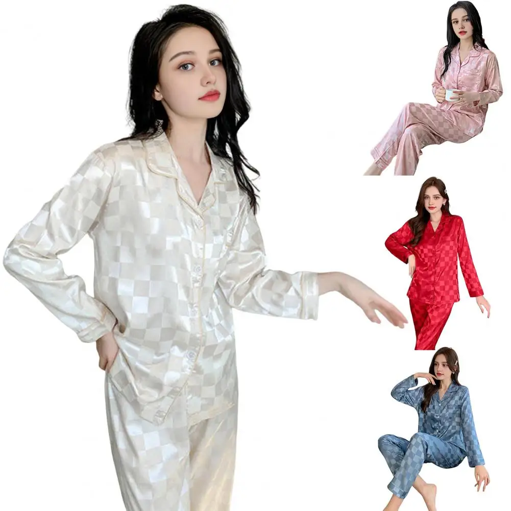 

Spring And Autumn New Women's 2025 Satin Wrinkled Cloth Pajamas Sexy Womens Long-Sleeved Sleepwear Plaid Pajamas Homewear Set