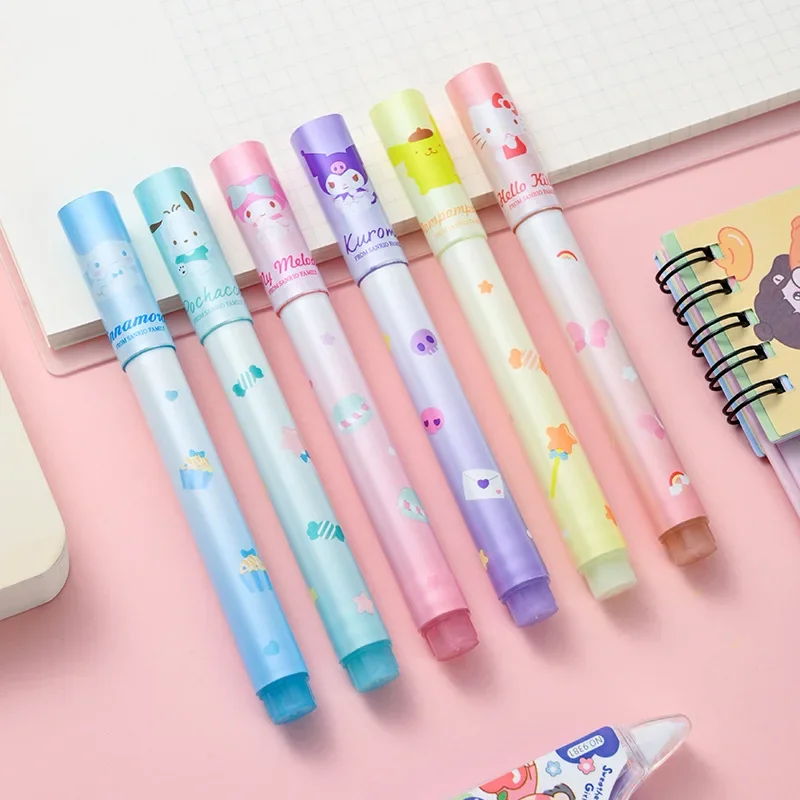 6Pcs Sanrio Hello Kitty Highlighter Pen Set Kawaii Kuromi Melody Cinnamoroll Art Fluorescent Markers Pens School Office Statione