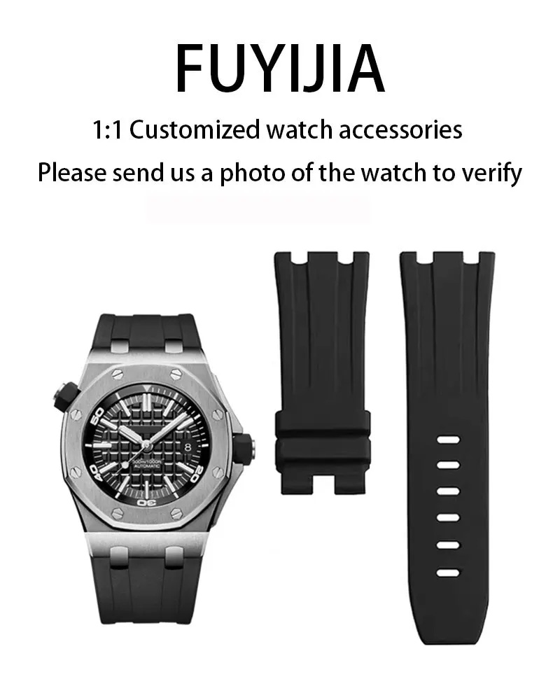 

FUYIJIA Male Custom ROYAL OAK OFFSHORE 15710 Original Watchbands 28MM*24MM Tooth Shaped Interface Fluororubber Strap Pin Buckle