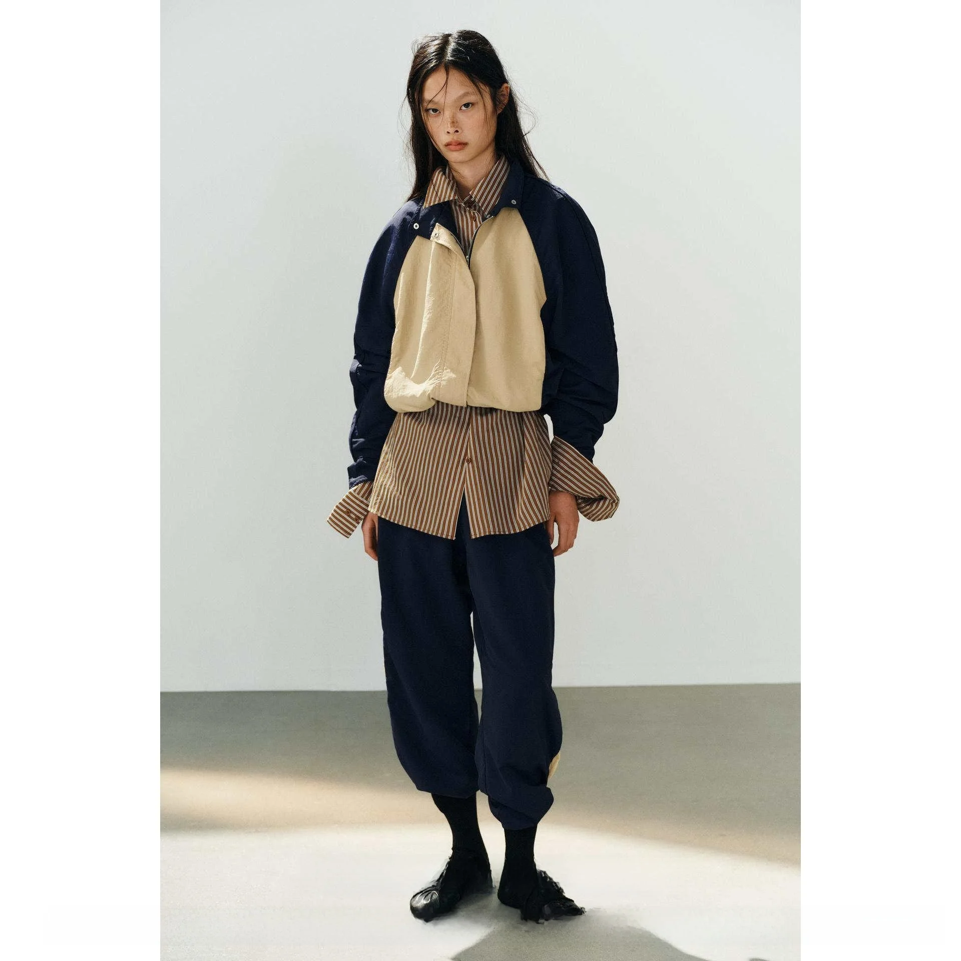 New Autumn Women's Jacket Outerwear Tech Fabric Stripe Decorated Pants Casual Loose Style Short Length Zipper Closure Cotton ...