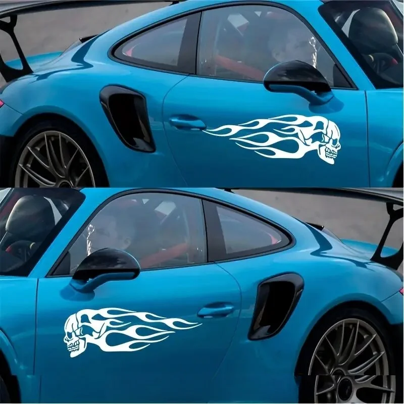 2Pcs Skull Flames Badge Car Stickers, Fashion Waterproof Vinyl Decal Car Styling Decoration Accessories Auto Sticker