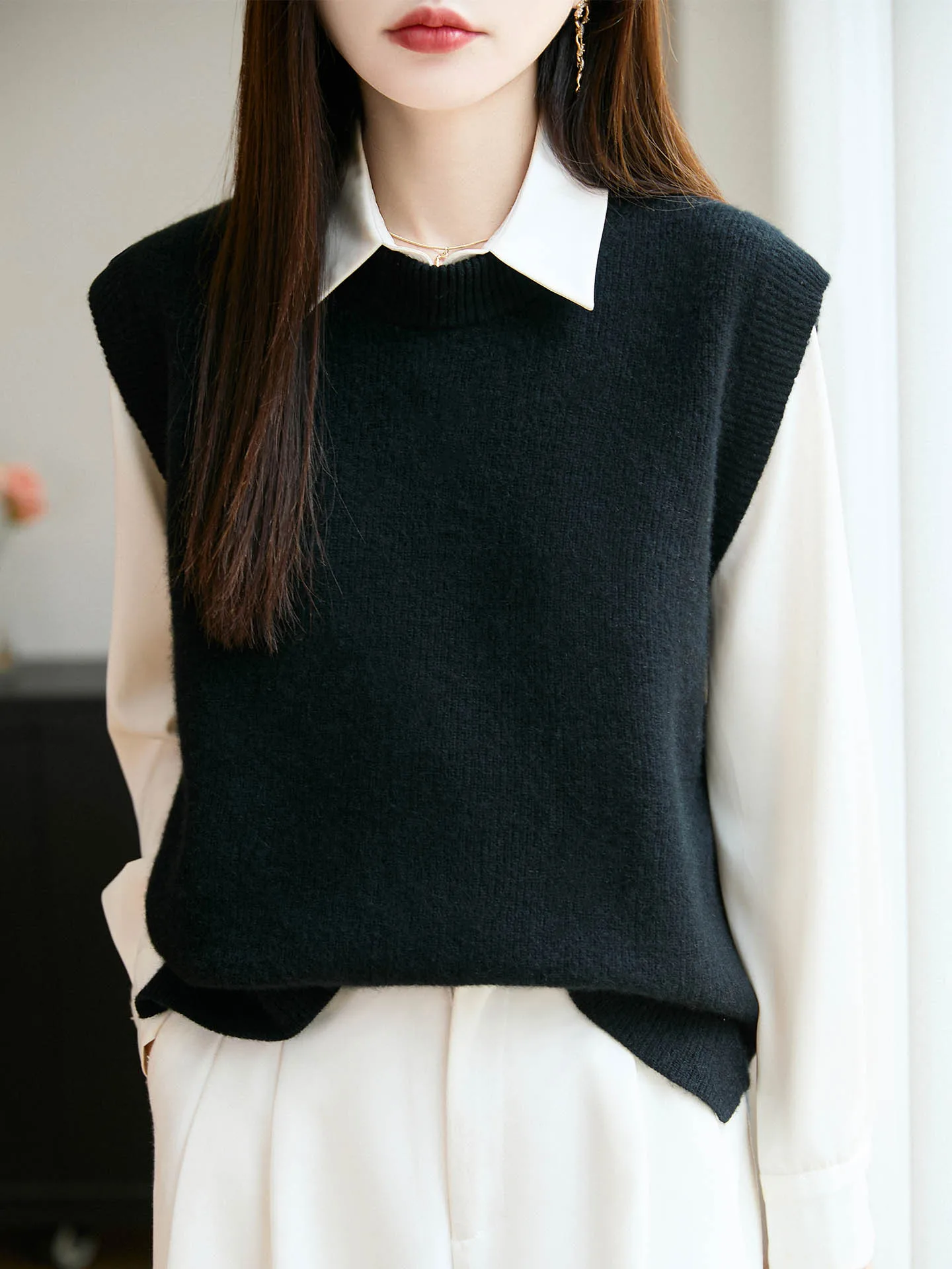 

00, вязаный жилет из чистой шерсти, женский осенне-зимний многослойный круглый свитер без рукавов, свободные универсальные жилеты для поездок на работу