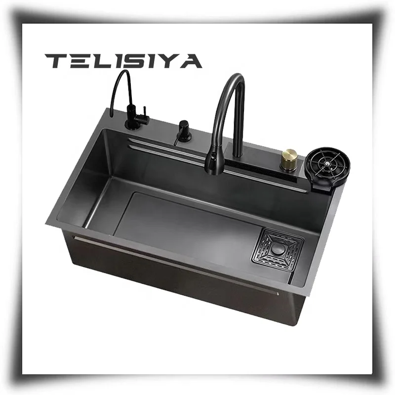 Black Smart Waterfall Kitchen Sink 33x22 Multifunction 201/304 Stainless Steel Brushed Surface Single Bowl With Fly Rain
