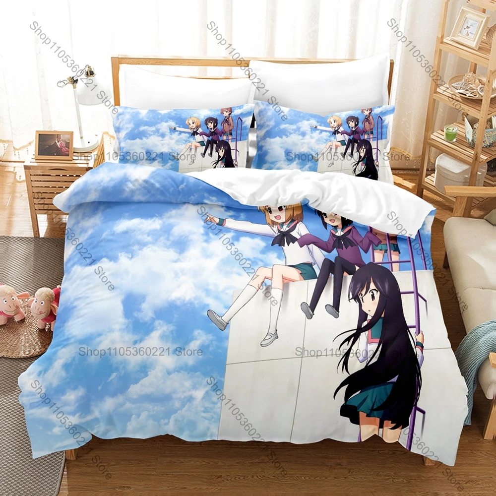 A Channel Four Cute High School Girl Daily Campus Anime Print Duvet Cover + 2 Pillowcases Soft Pastel Microfiber Bedroom Decor