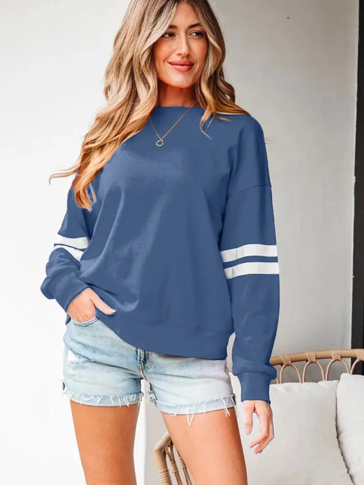 

Women's Sweatshirts Autumn Fashion Striped Color Block Long Sleeve Loose Regular Casual Pullover Streetwear Hoodless Sweatshirt