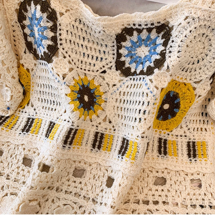 Granny Square Top Crochet Knit Sheer Embroidery Lace Square Neck Blouse Summer Women Teengirl Fairycore Cottagecore Outfit