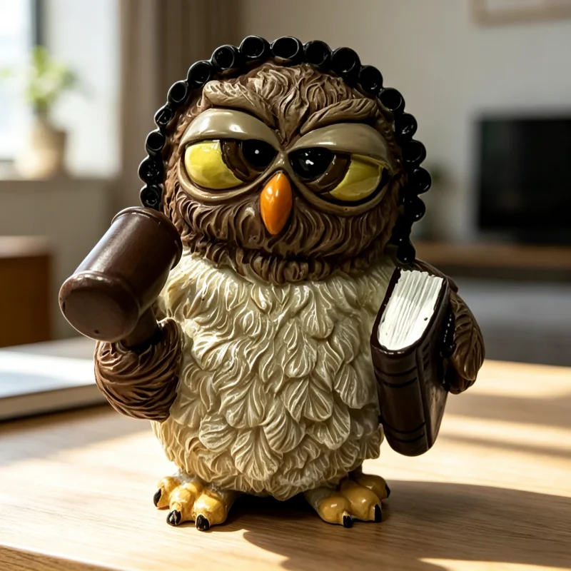 Judge Owl Resin Figurine, Brown & White, Lawyer Owl Statue, Home & Office Decor