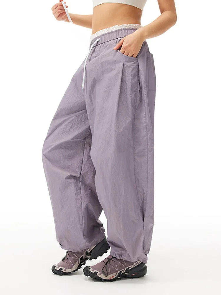 

Water-Resistant Wide-Leg Outdoor Sports Work Pants Qui-Drng Breathable Women's Lace Splicing Casual Trendy Brand