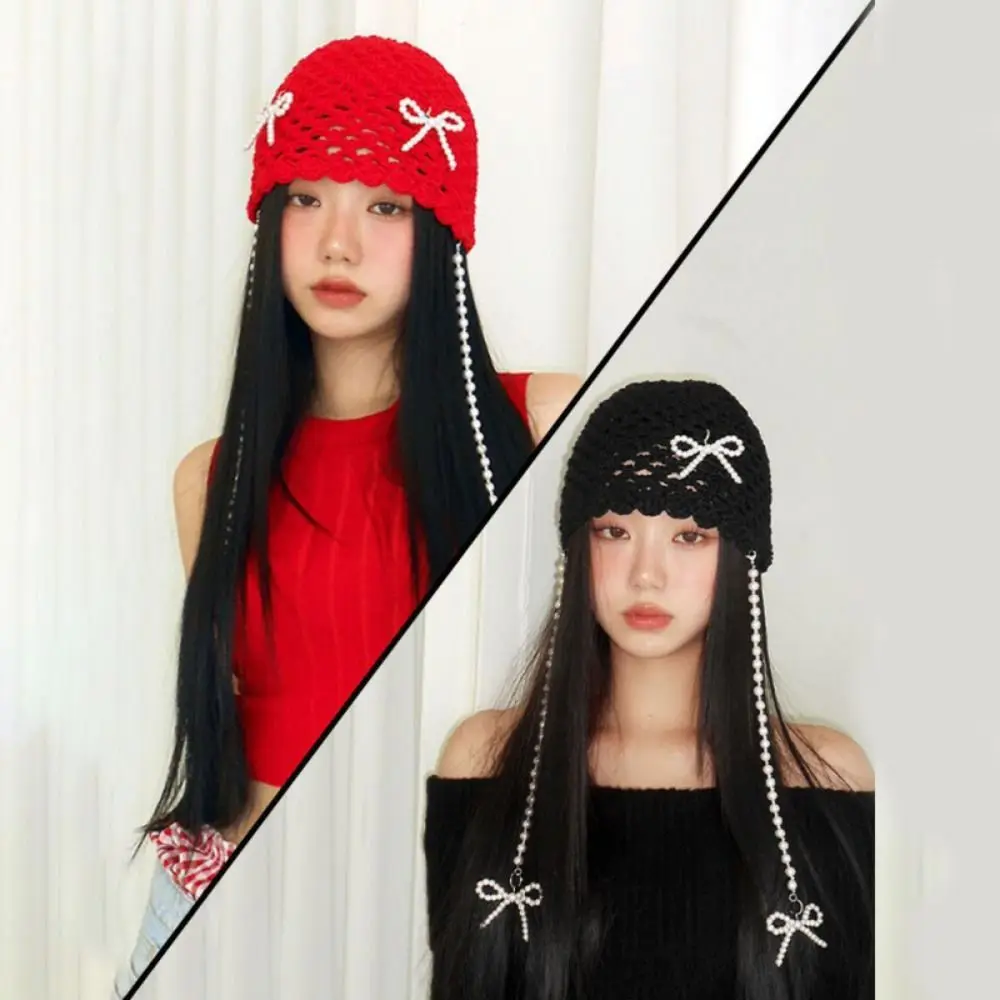 

Casual Pearl Tassels Crochet Knitted Hat Bohemian Style Thin Knit Cap Handmade Hollow Out Bow Pearl Beanies Girls