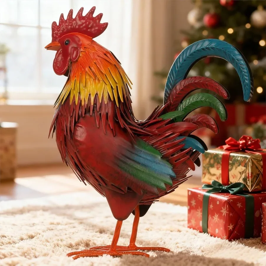

Rooster Garden Statue Sculpture Metal Chicken Yard Decor Outdoor Figurines Patio Backyard Decoration red