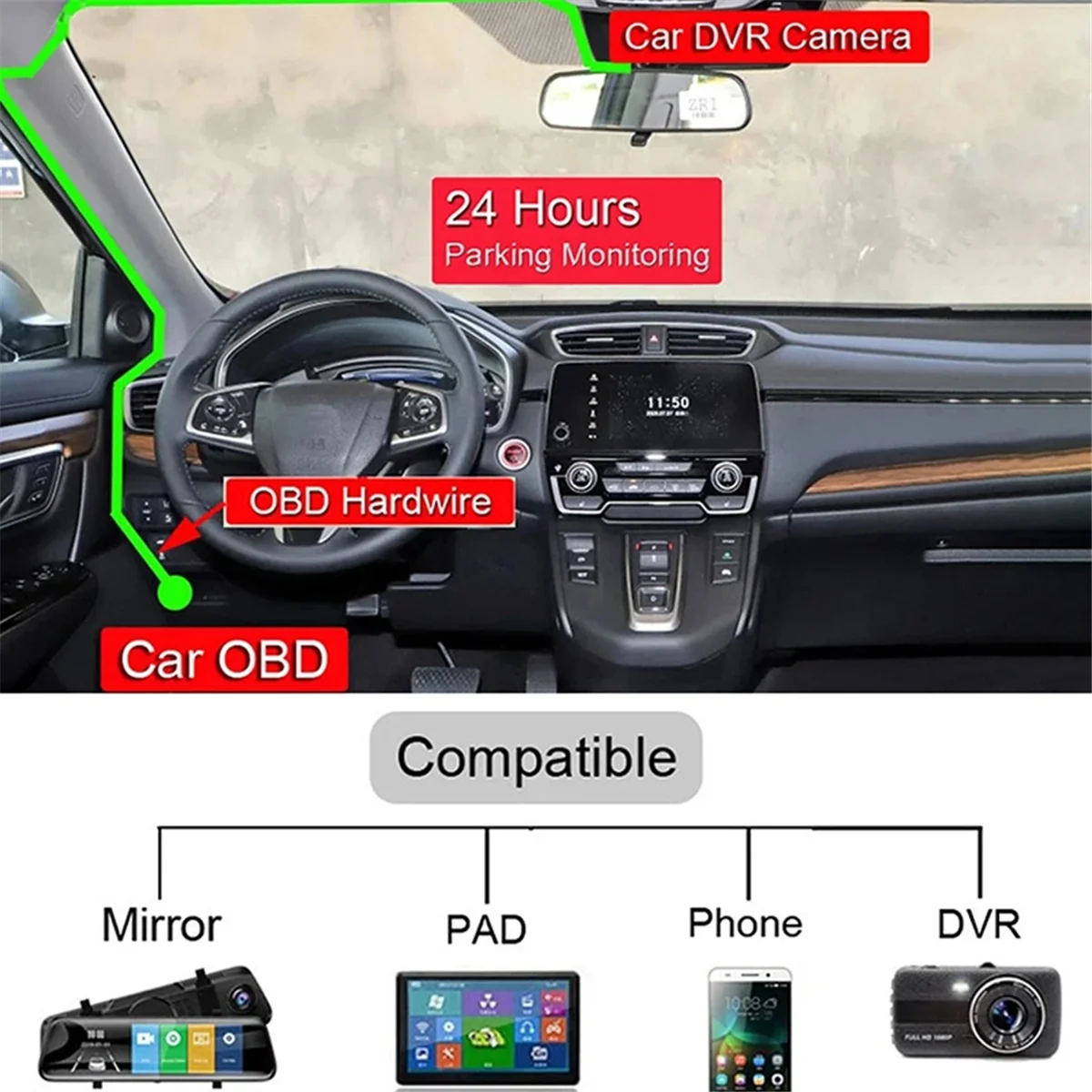 Car DVR Hardwire Kit for Low Vol Protection 5V 3A USB Port Car Charge Cable OBD Dashcam 24H Parking Monitoring Accessory