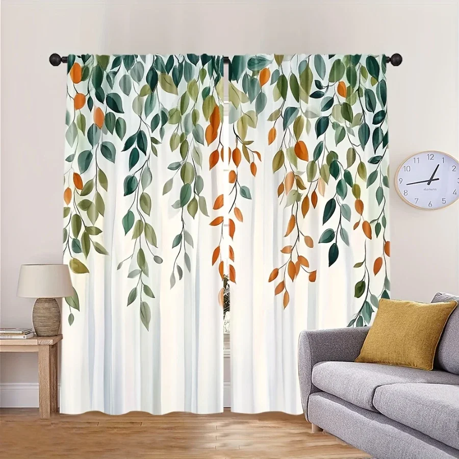Elegant Green Leaf Botanical Print Curtains for Living Room Home Decor Light Filtering Window Drapes