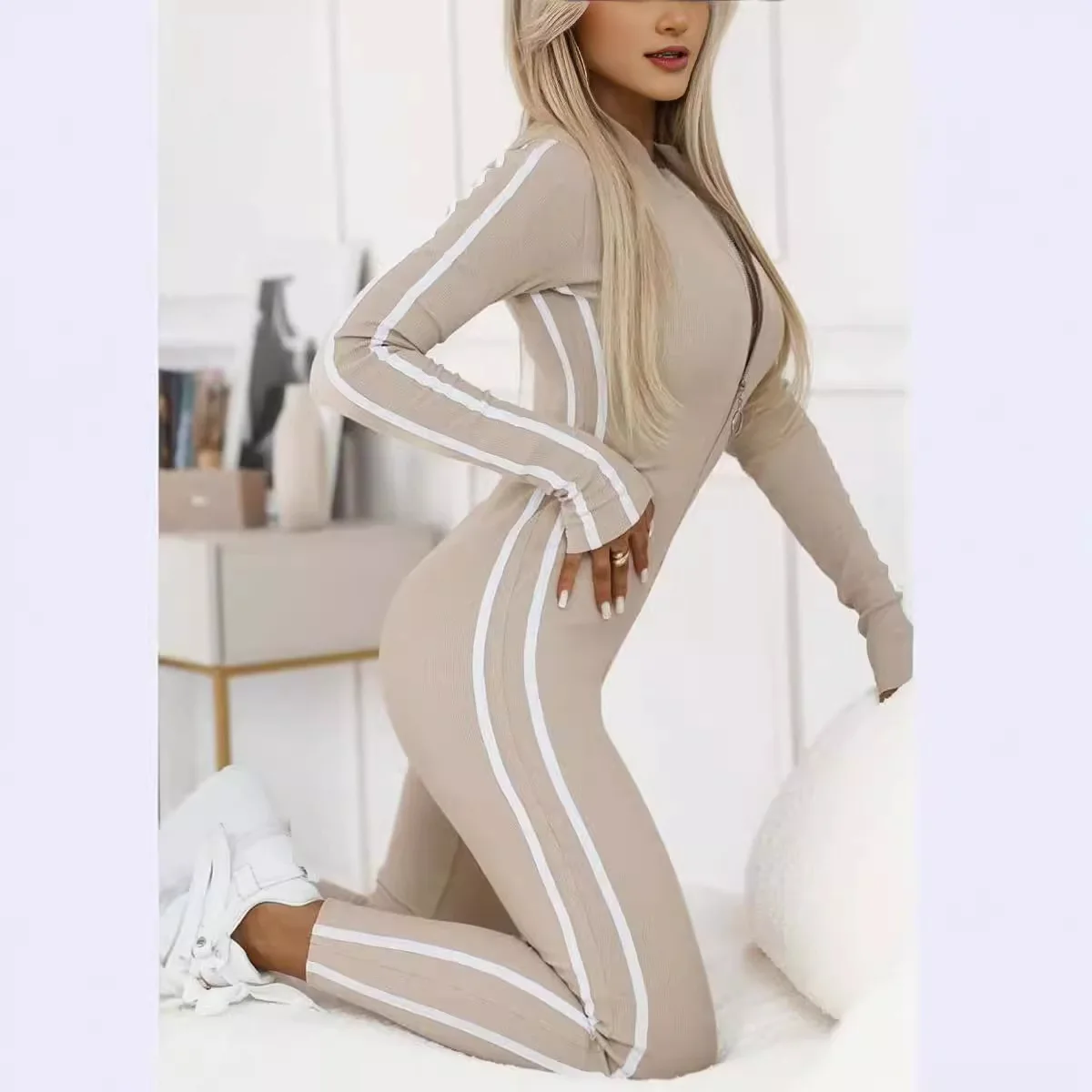 Moda Kombinezon z długim rękawem w paski Bodycon Kobiety 2024 Jesień Solidny sportowy zamek błyskawiczny Smukłe kombinezony dla kobiet — zdjęcie 3