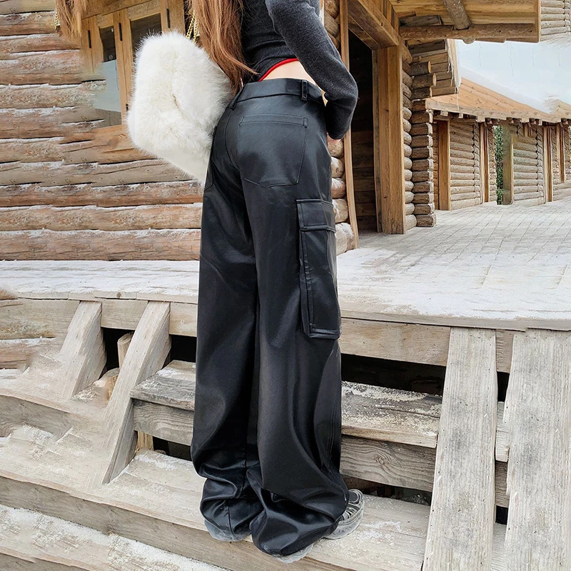 Kstoun estilo namorado menina quente calças de couro do plutônio cintura baixa perna larga solta em linha reta vintage streetwear calças de carga calças femininas