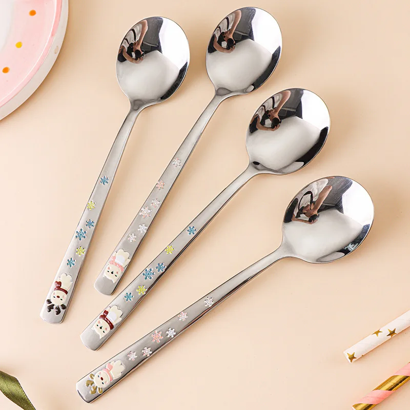 حار 304 الفولاذ المقاوم للصدأ ملعقة مستديرة الكرتون تنقش الغزلان ملعقة الكورية نمط المنزلية مقبض طويل ملعقة شرب lijiao