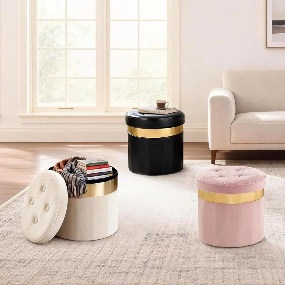 Compact Storage Ottoman with Gold Trim, Velvet-Covered, Perfect for Living Room, 13x13x12.4 Pink, 1 Piece