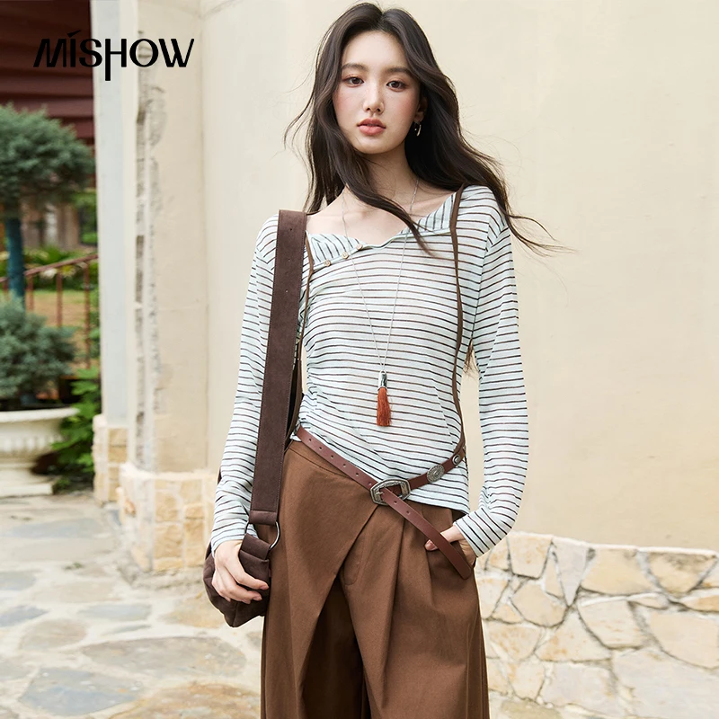 MISHOW Women's Color Block Striped Long Sleeve T-shirt 2026 Autumn V Neck Button Detail Thin Korean Casual Basic Top MXF41T1738