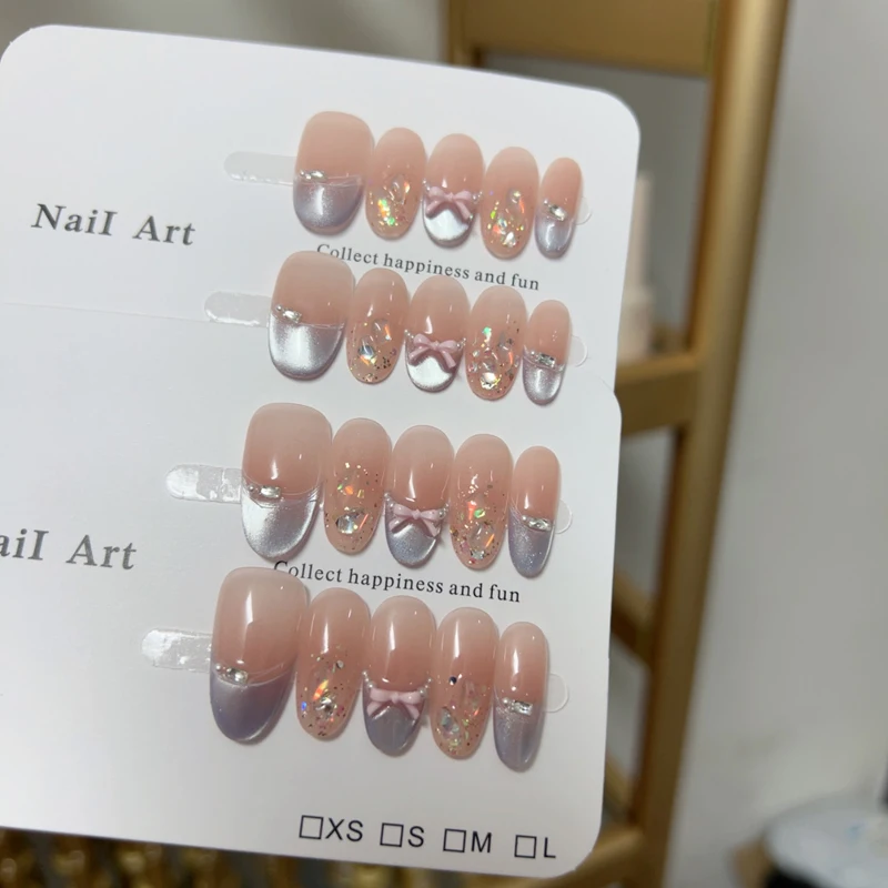 

10pcs high-end The leather-pink French bow is suitable for the cat-eye style in spring and summer handmade fake nails, Doria's g