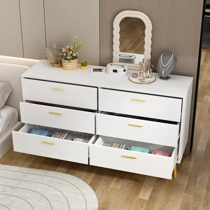 54" l Kommode mit 6 Schubladen, moderne Kommode aus weißem Holz mit Stauraum, Doppelkommode, Truhe, Organizer, Metallgriffe und Metall l