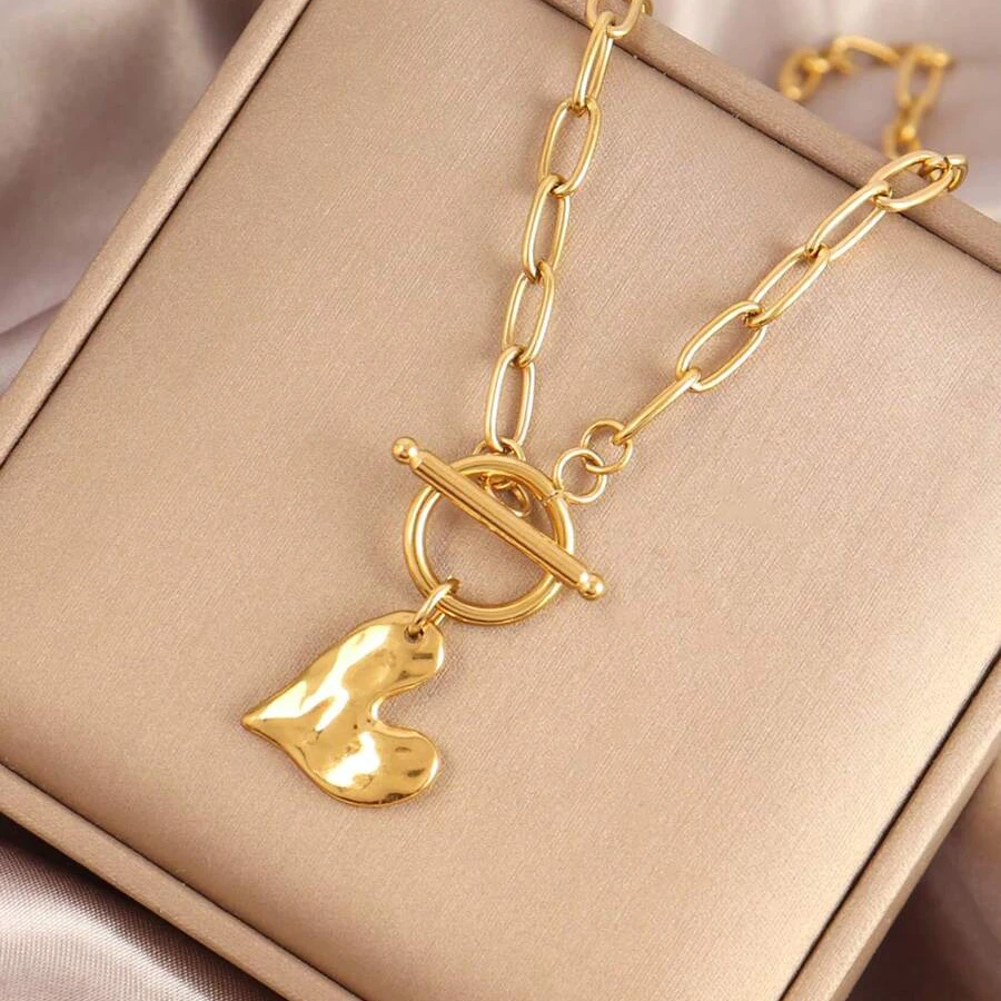 Gold Color Heart Pendant Lock Closure Women Necklace Romantic Forever Love Silver Color Link Chain Trendy Women Jewelry Gift