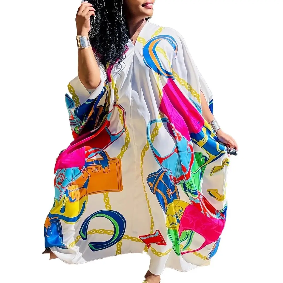 Koweït mode imprimé sergé soie caftan Maxi robe casual Boho été plage porter col en v ample Caftan élégant musulman Abaya