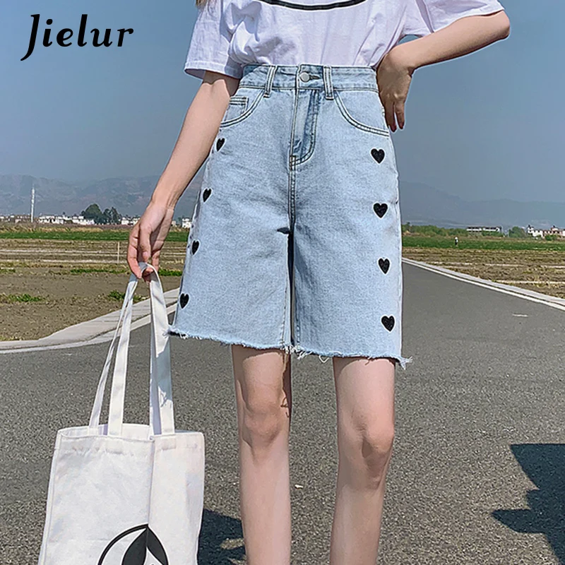 Denim Short Women Loose Knee Length High Waist Love Embroidery Jeans Women Summer New Fashion Pocket Blue Short Female XS-XXL