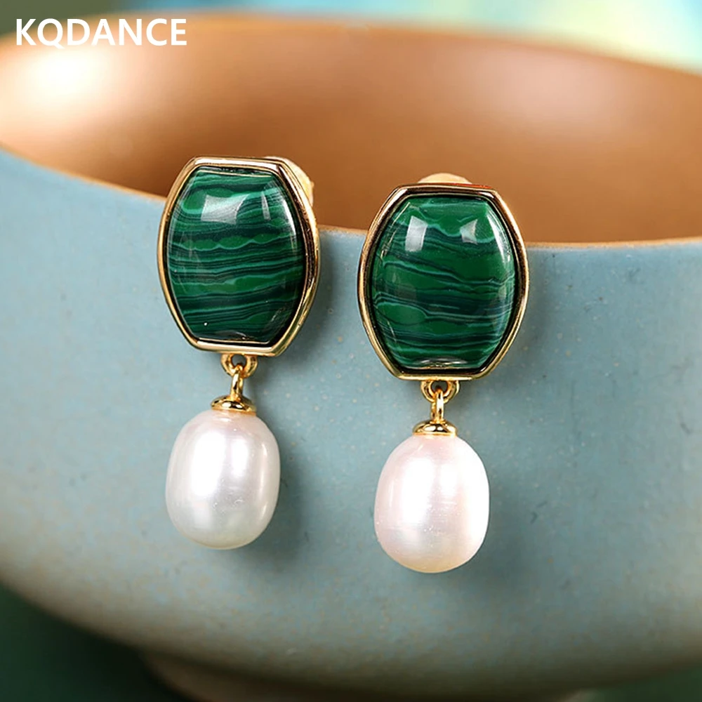 

KQDANCE Solid 925 Silver With FreshWater Pearls Natural Malachite Small Drop Earrings Women Green Gem Stone Earring Fine Jewelry