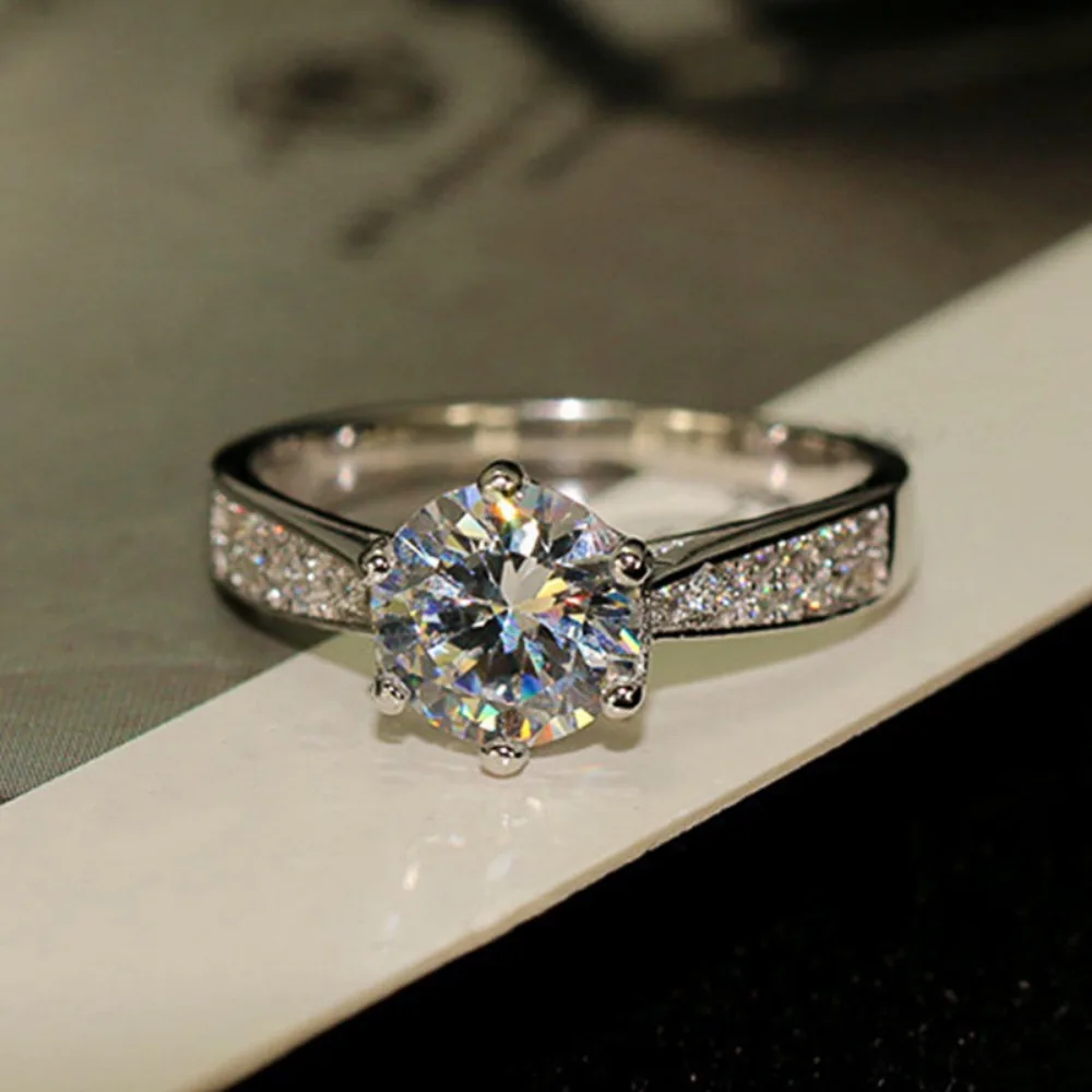 Classic Luxury Silver Color Six-claw Inlaid Round 5A Zircon Finger Ring for Women High-end Business Banquet Gathering Jewelry