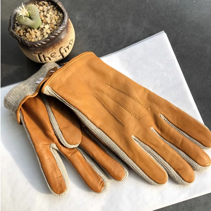 Men's Autumn Winter Thicken Warm Kniited Patchwork Sheepskin Leather Glove Male Motorcycle Driving Glove R1532