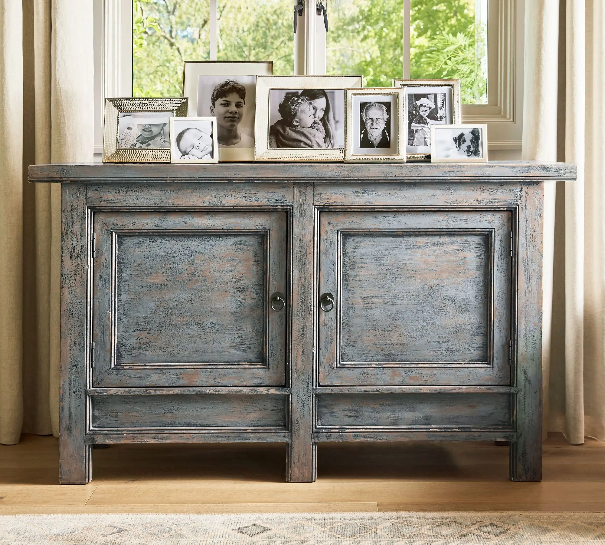 *Distressed Blue Finish  Console Birch Veneers Mortise and Tenon Joint Dual Storage Sections Anti Tip Kit Console Tables