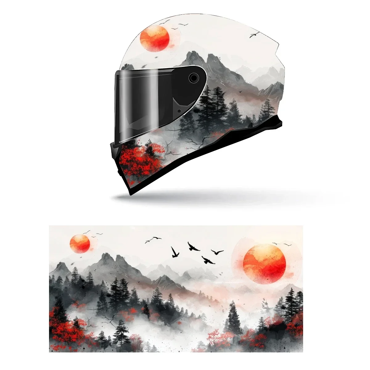 

Chinese Red Ink Landscape Full Helmet Wrap Sticker Motorcycle Helmet Racing Graphic Decal Vinyl Wrap Helmet Decorative Sticker