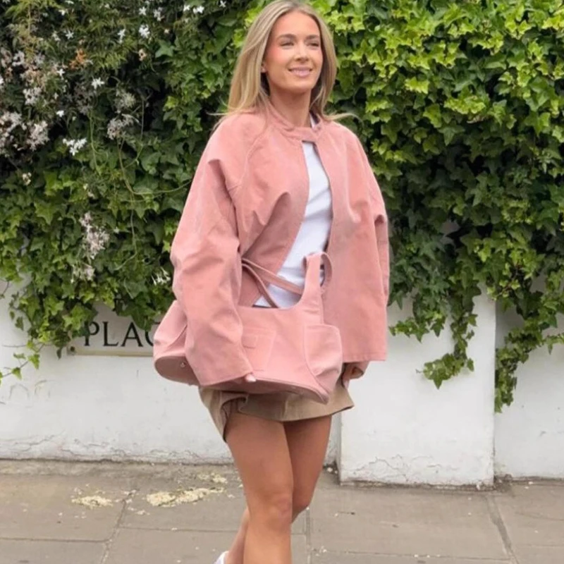 Kurtka damska TARUXY w stylu vintage, zamszowa, zapinana na zamek, ze stójką, prosta, z długim rękawem, luźna, codzienna, jesienne nowości, modna kurtka w stylu high street.