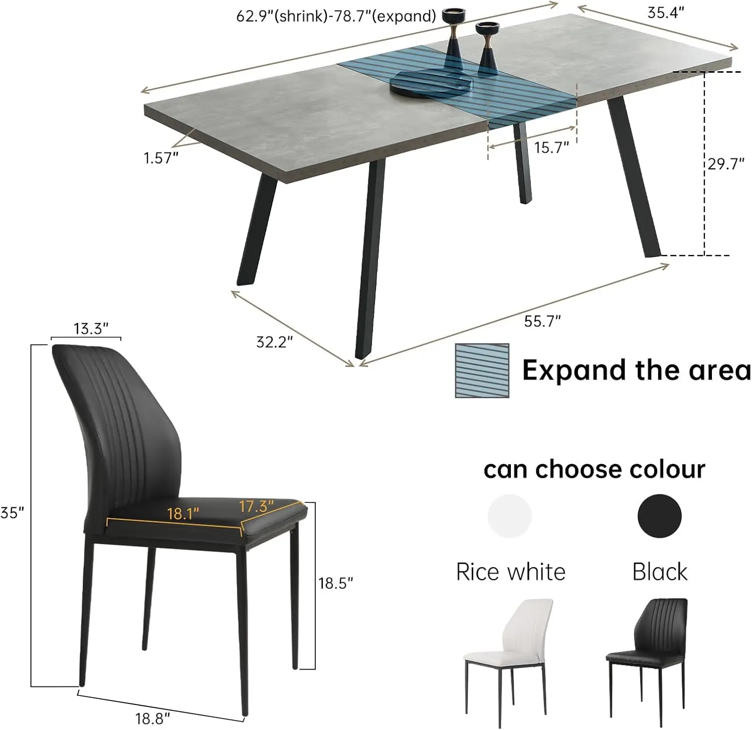 7 Piece Dining Table Set 62 Inch Modern Kitchen Table with 6 Dining Chairs for 4-6 Person Expandable MDF Dining Table