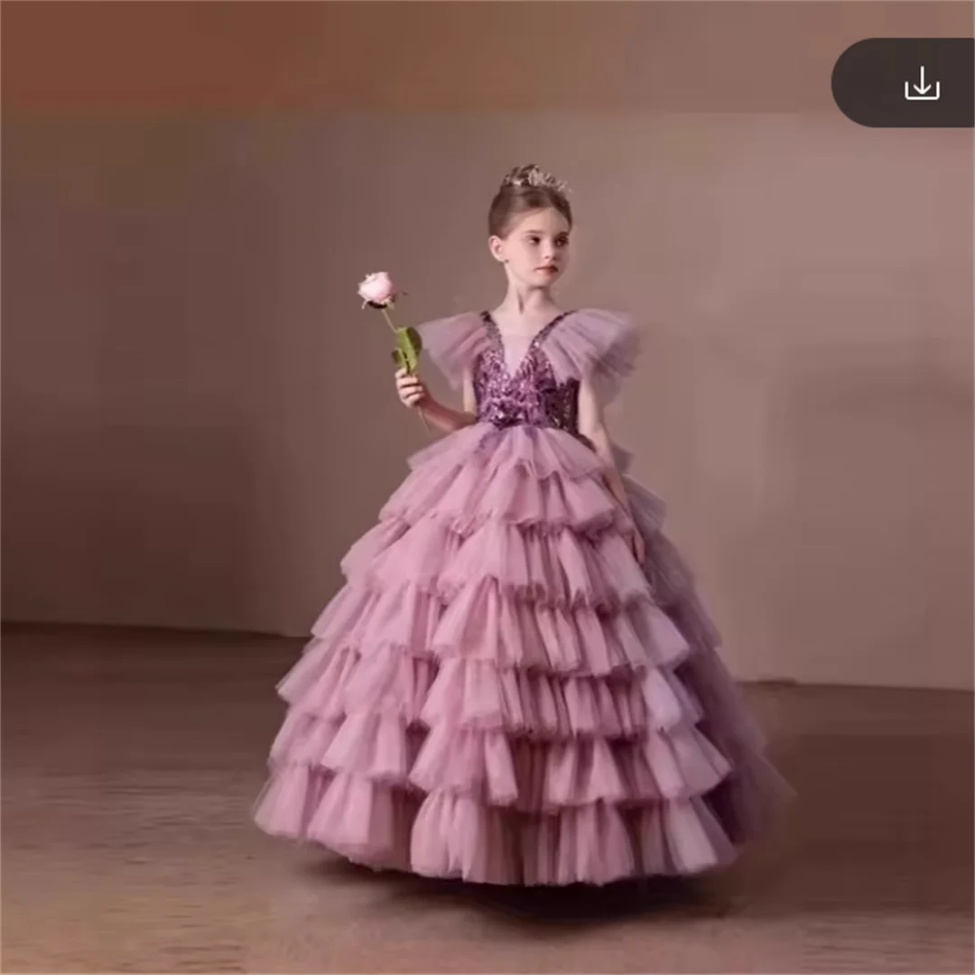 Dress 2025 New Children Girls Princess Pageant Host Outfit Piano Recital Performance Gown Kids Party Birthday Formal Wear